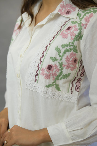 White Floral Embroidered Co-ord Set | Soft Cotton