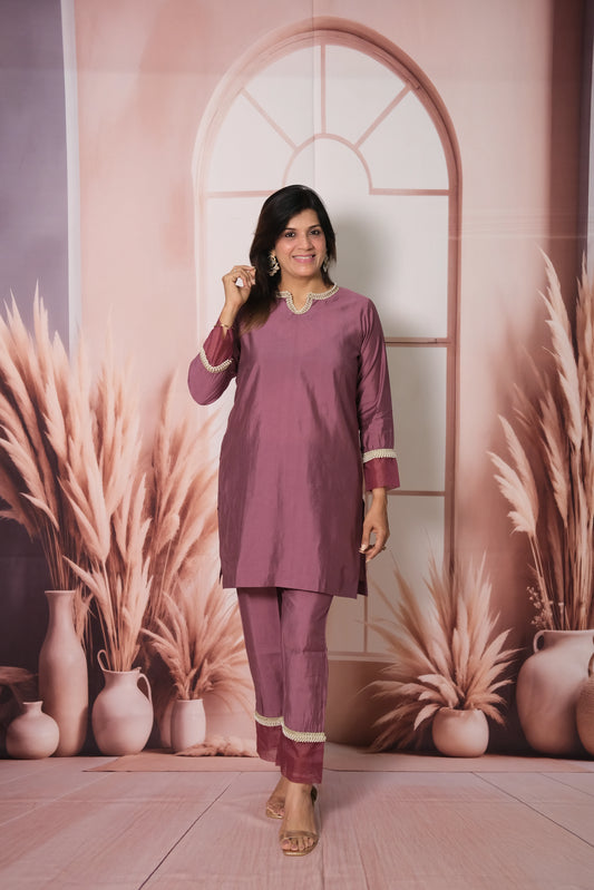 Wild Berry Purple Muslin Silk Co-ord Set with Pearl Embroidery