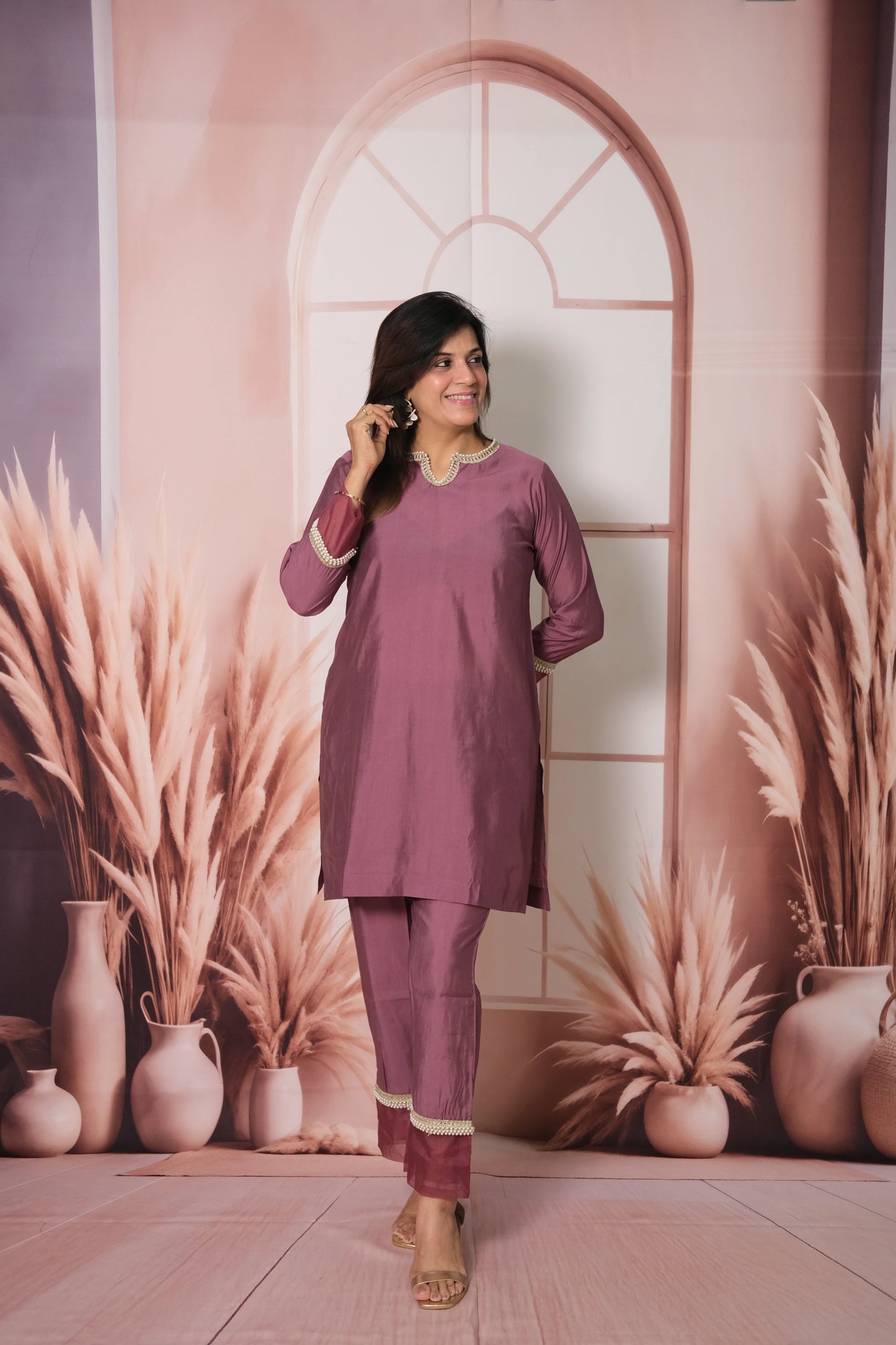 Wild Berry Purple Muslin Silk Co-ord Set with Pearl Embroidery