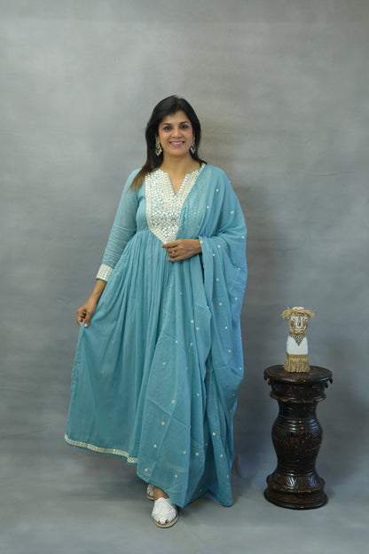 Firozi Blue Embroidered Anarkali Set in Mul Cotton | Elegant Ethnic Wear