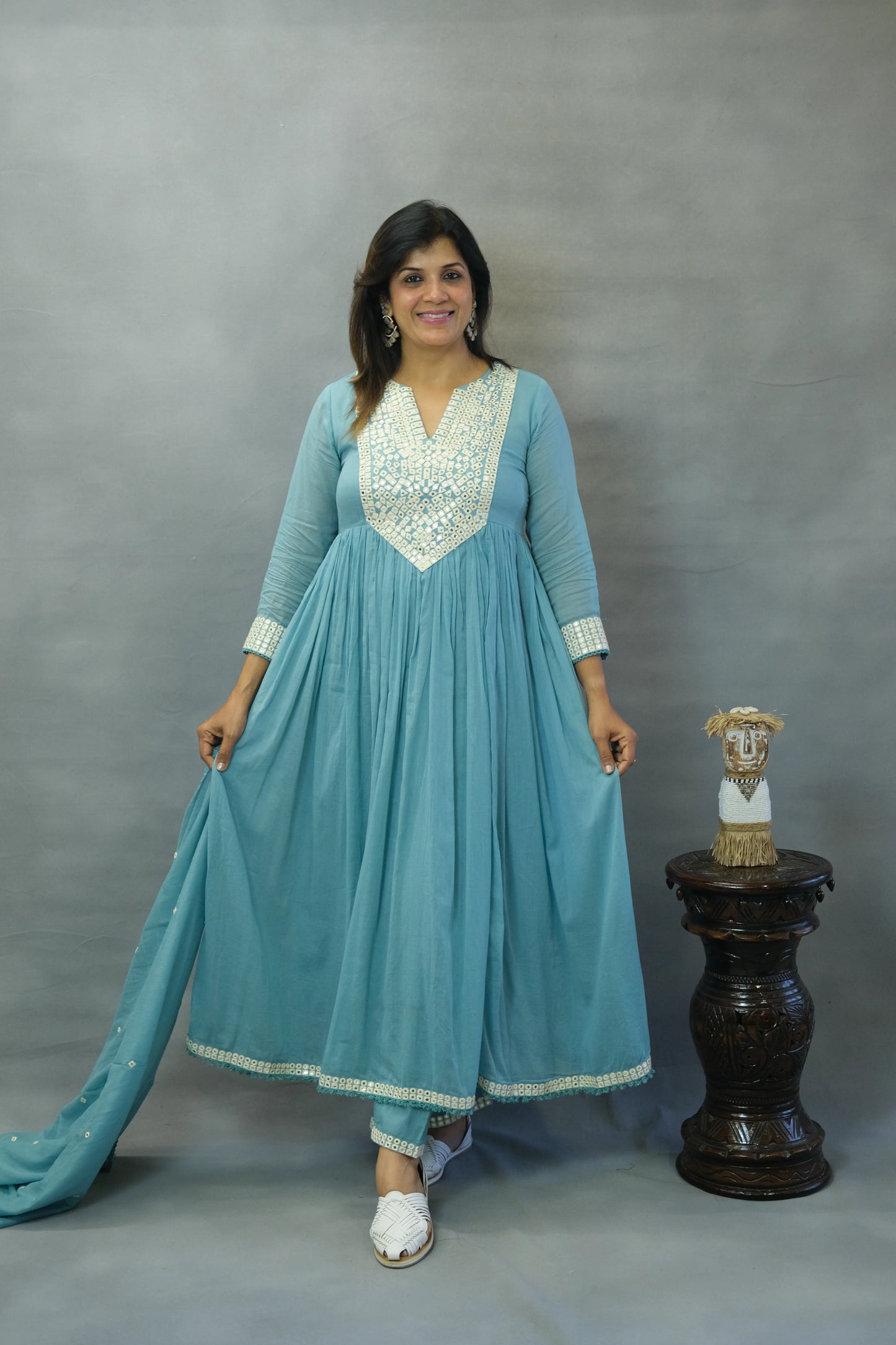 Firozi Blue Embroidered Anarkali Set in Mul Cotton | Elegant Ethnic Wear