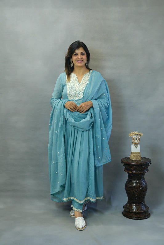 Firozi Blue Embroidered Anarkali Set in Mul Cotton | Elegant Ethnic Wear
