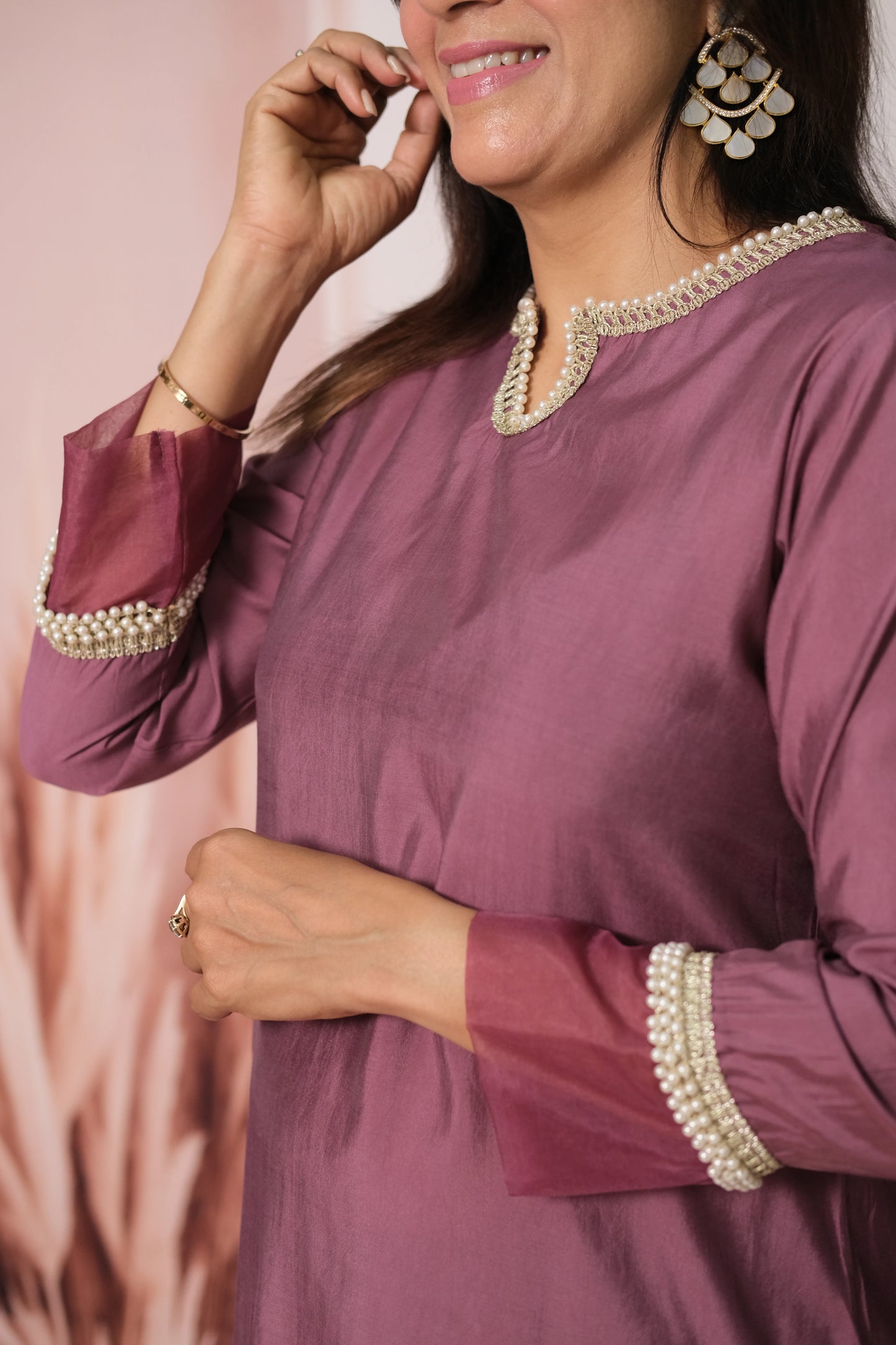 Wild Berry Purple Muslin Silk Co-ord Set with Pearl Embroidery
