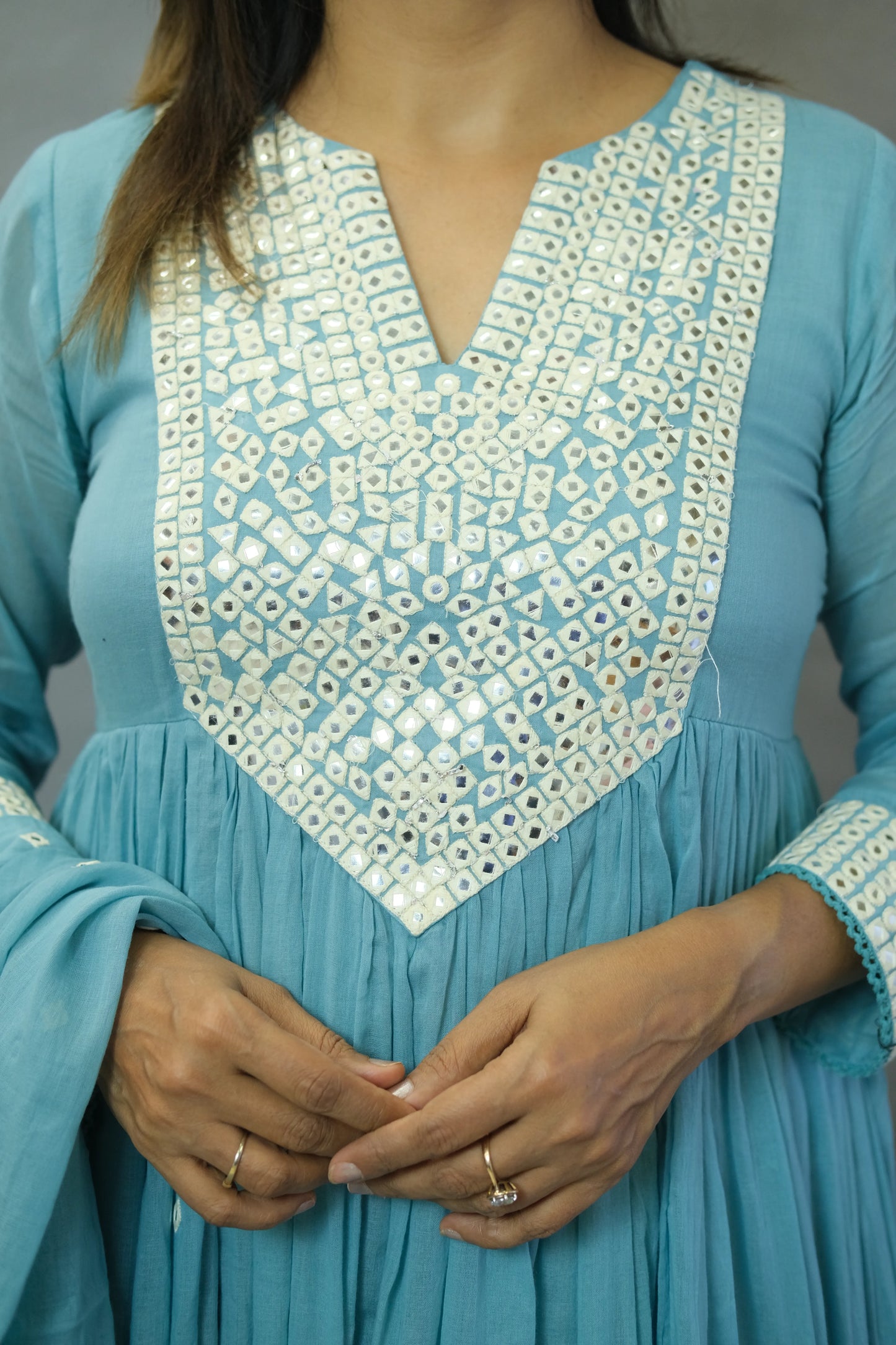 Firozi Blue Embroidered Anarkali Set in Mul Cotton | Elegant Ethnic Wear