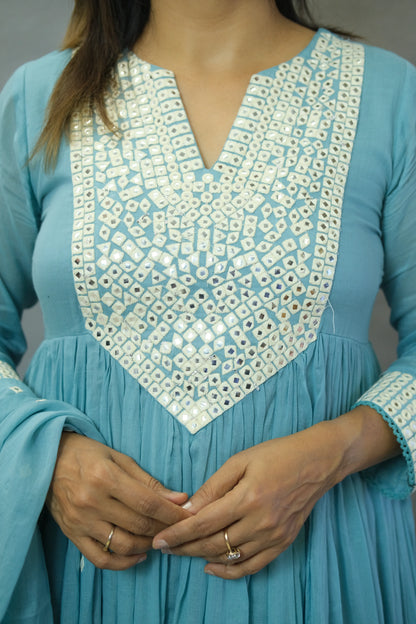 Firozi Blue Embroidered Anarkali Set in Mul Cotton | Elegant Ethnic Wear