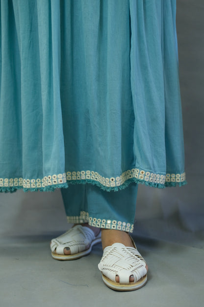 Firozi Blue Embroidered Anarkali Set in Mul Cotton | Elegant Ethnic Wear