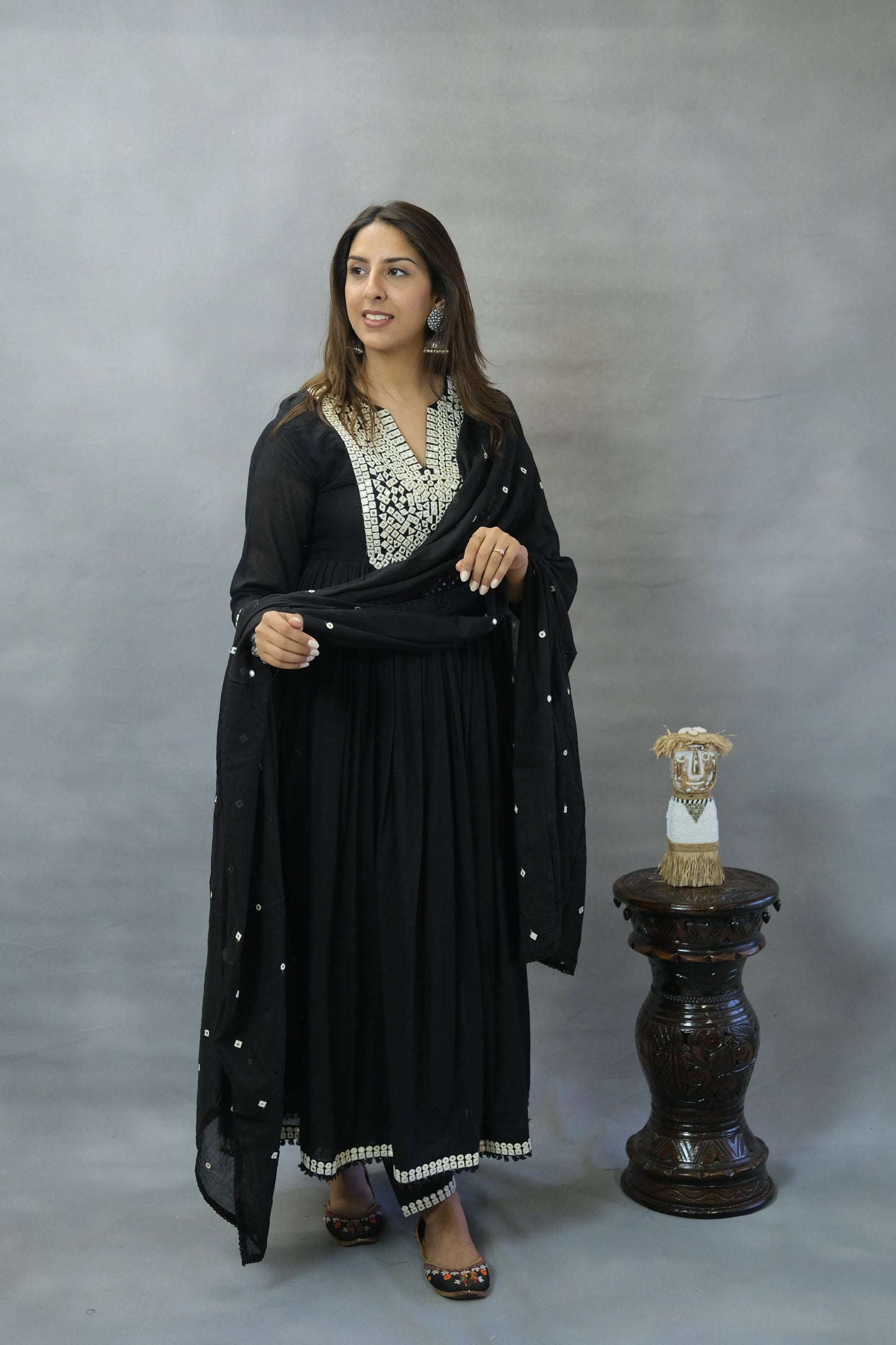 Zed Black Embroidered Anarkali Set in Mul Cotton | Elegant Ethnic Wear