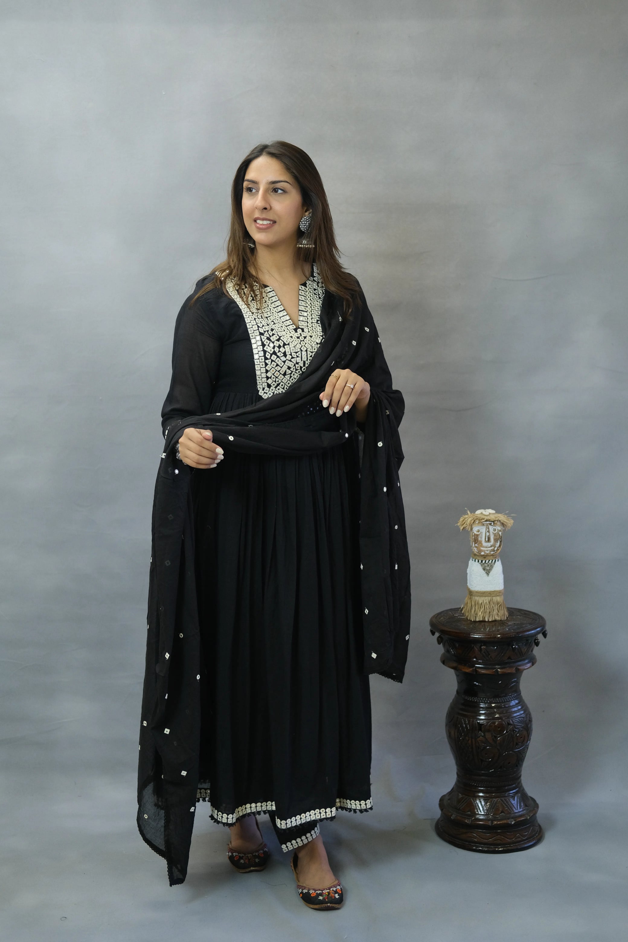 Zed Black Embroidered Anarkali Set in Mul Cotton | Elegant Ethnic Wear