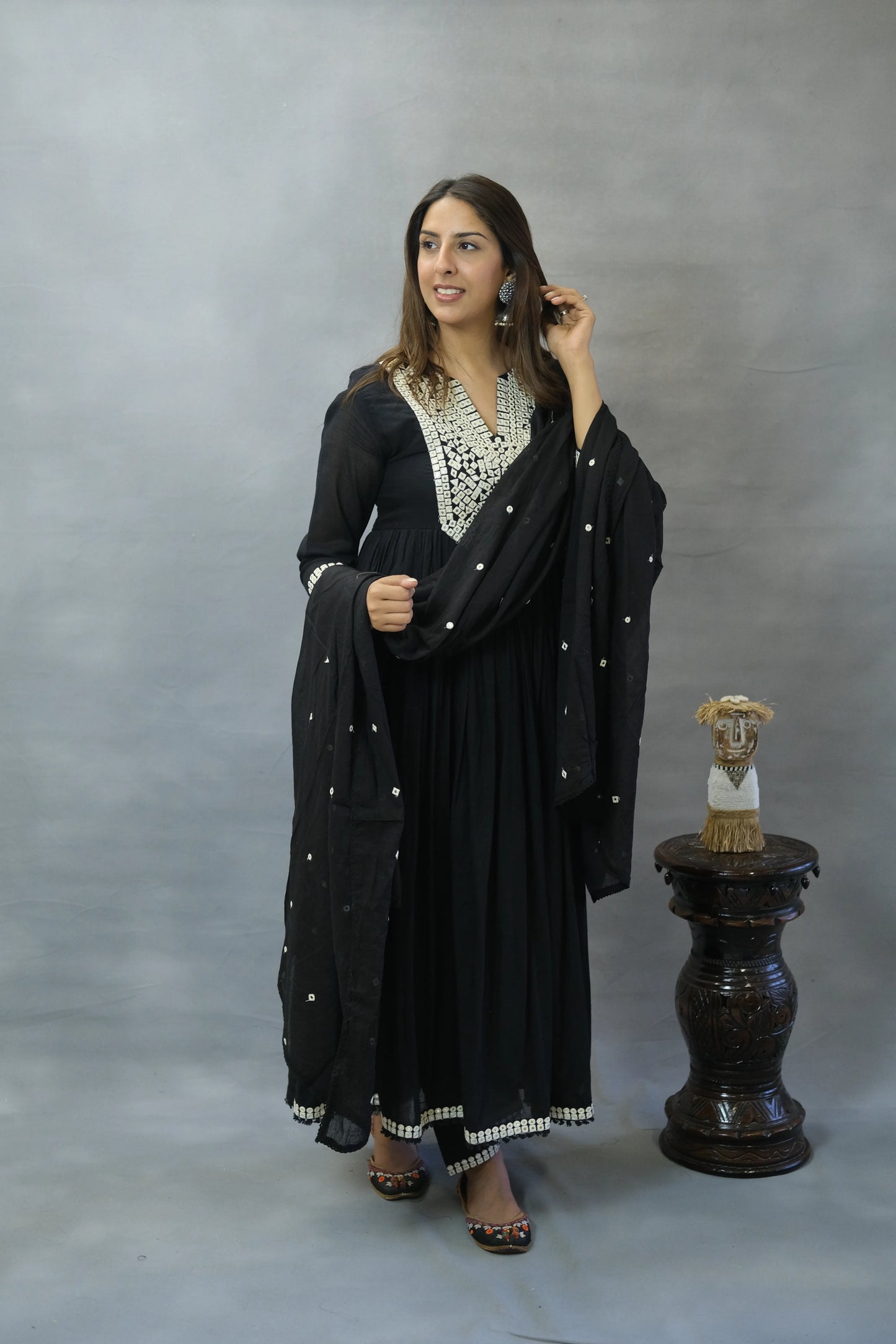 Zed Black Embroidered Anarkali Set in Mul Cotton | Elegant Ethnic Wear