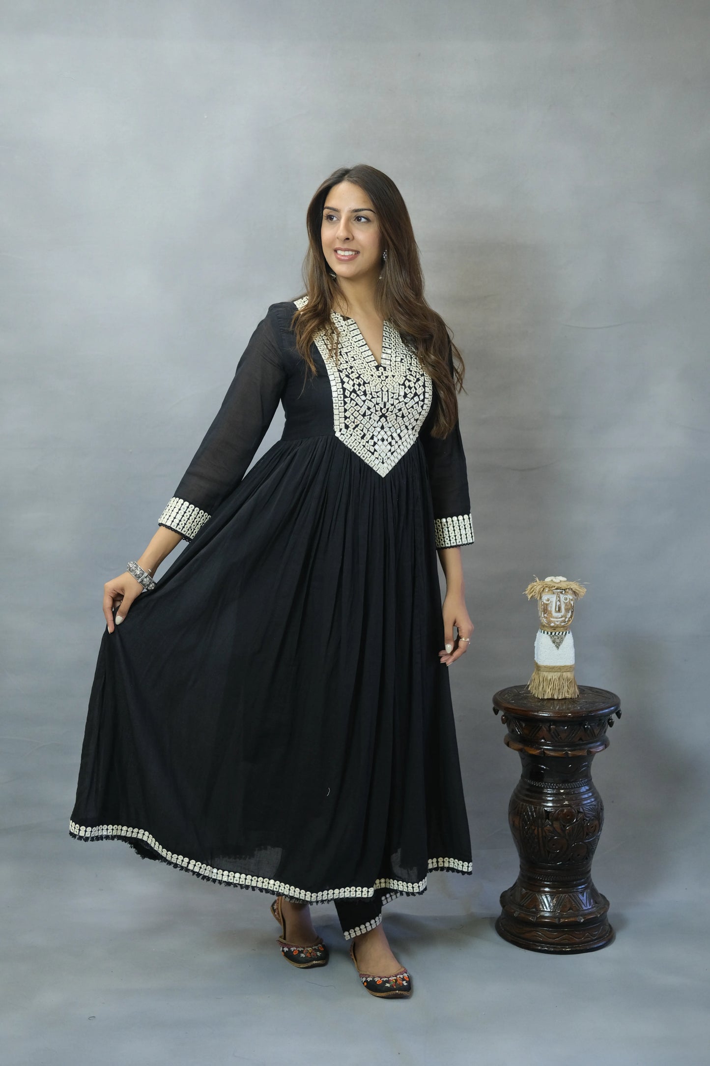 Zed Black Embroidered Anarkali Set in Mul Cotton | Elegant Ethnic Wear