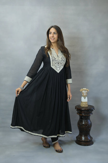 Zed Black Embroidered Anarkali Set in Mul Cotton | Elegant Ethnic Wear