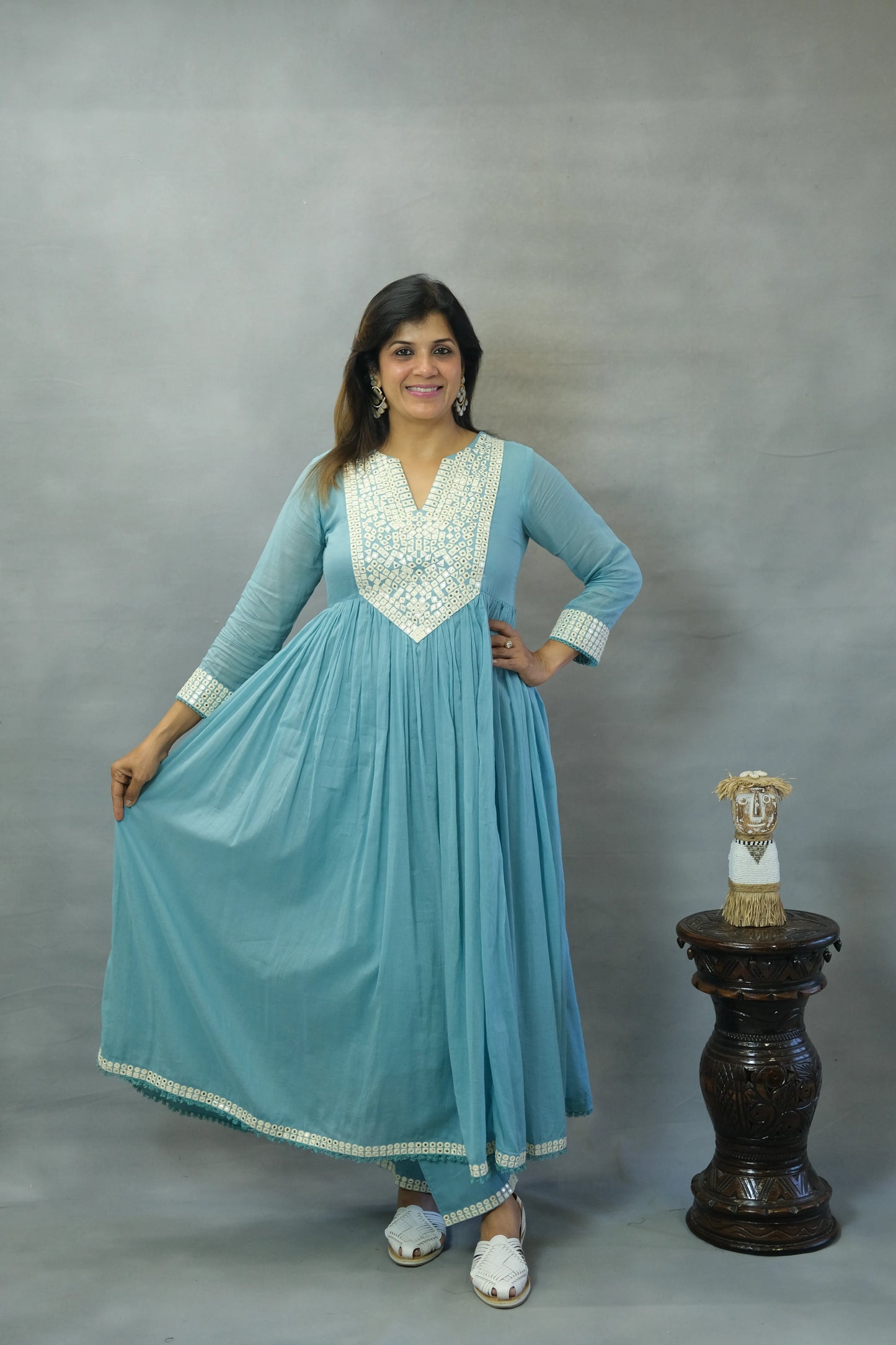 Firozi Blue Embroidered Anarkali Set in Mul Cotton | Elegant Ethnic Wear