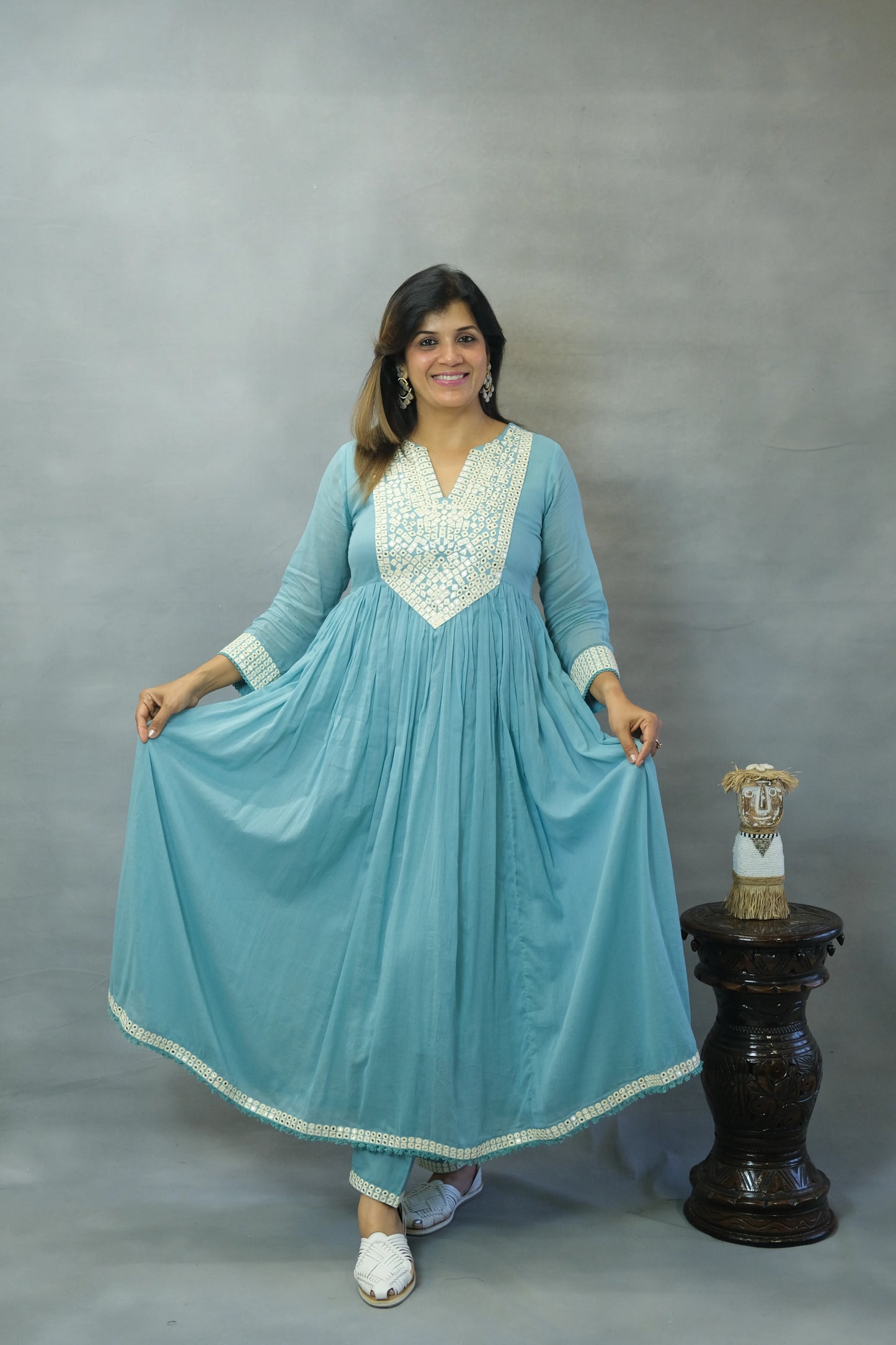 Firozi Blue Embroidered Anarkali Set in Mul Cotton | Elegant Ethnic Wear
