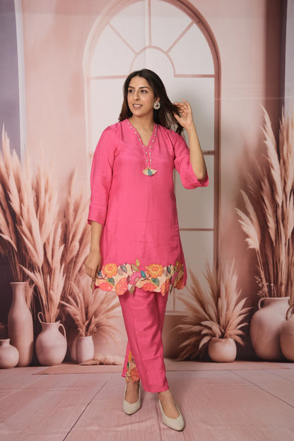 Hot Pink Co-ord Set – Embroidered Muslin Silk Ensemble for Bold Festive Flair