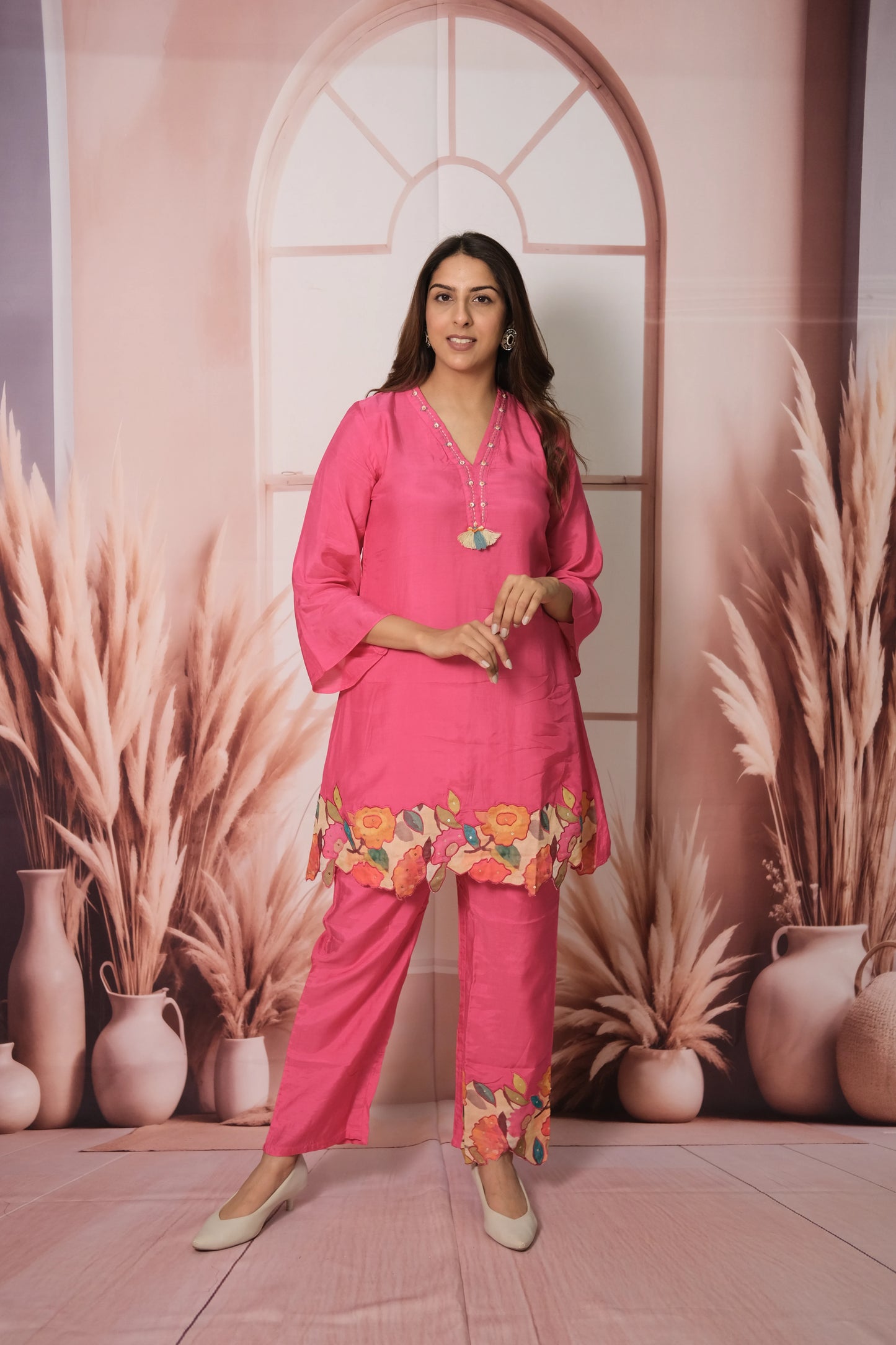 Hot Pink Co-ord Set – Embroidered Muslin Silk Ensemble for Bold Festive Flair