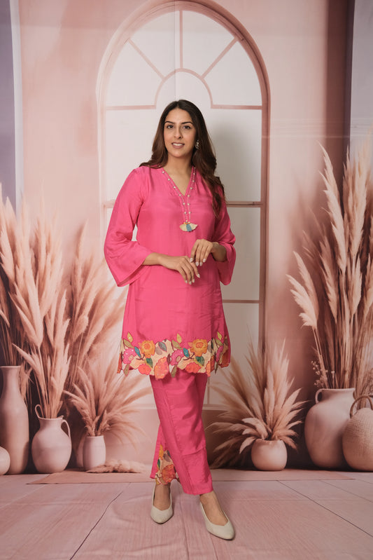 Hot Pink Co-ord Set – Embroidered Muslin Silk Ensemble for Bold Festive Flair