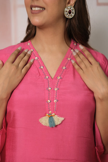 Hot Pink Co-ord Set – Embroidered Muslin Silk Ensemble for Bold Festive Flair