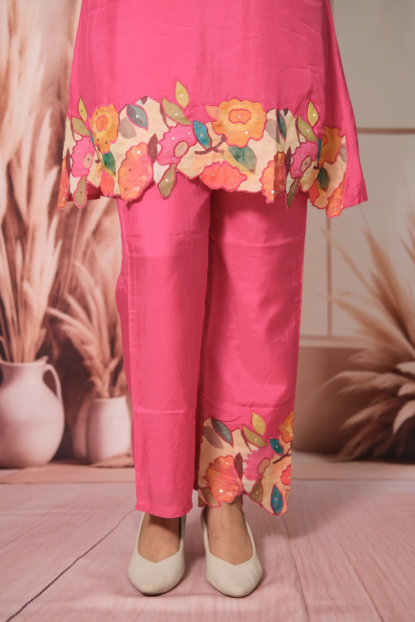 Hot Pink Co-ord Set – Embroidered Muslin Silk Ensemble for Bold Festive Flair