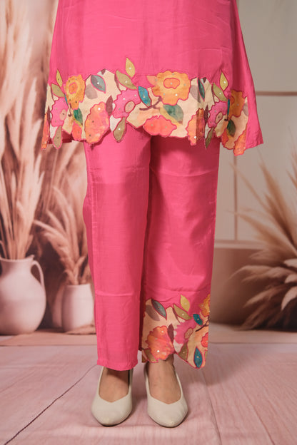 Hot Pink Co-ord Set – Embroidered Muslin Silk Ensemble for Bold Festive Flair