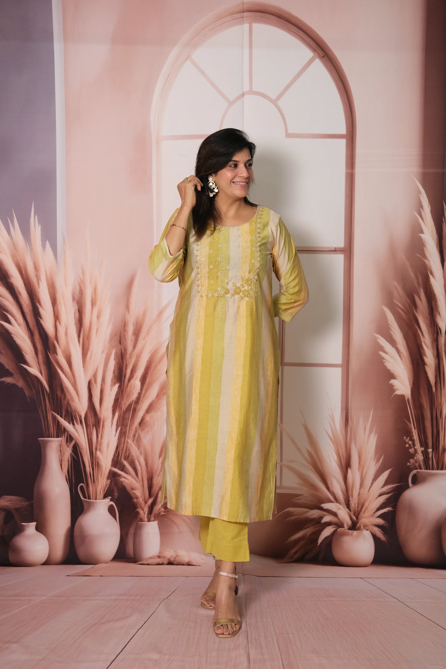 Multi-Color Kurta Pant Set – Muslin Cotton Festive Wear with Pearl Embroidery