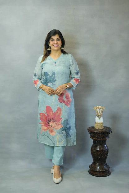 Powder Blue Floral Printed Kurta Pant Set in Linen Cotton | Breezy Everyday Elegance