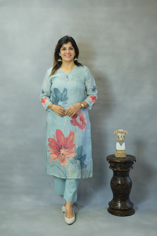 Powder Blue Floral Printed Kurta Pant Set in Linen Cotton | Breezy Everyday Elegance
