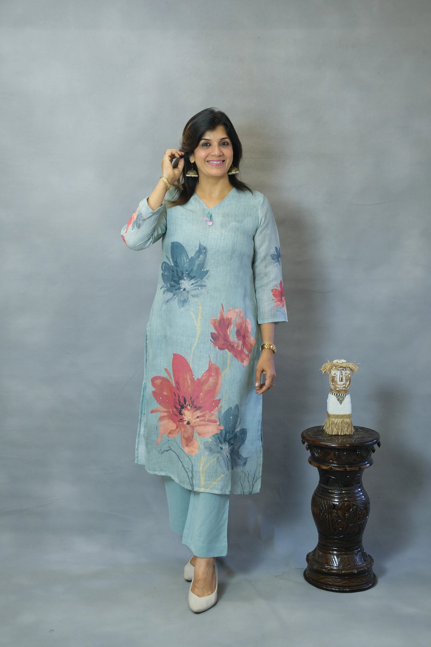 Powder Blue Floral Printed Kurta Pant Set in Linen Cotton | Breezy Everyday Elegance