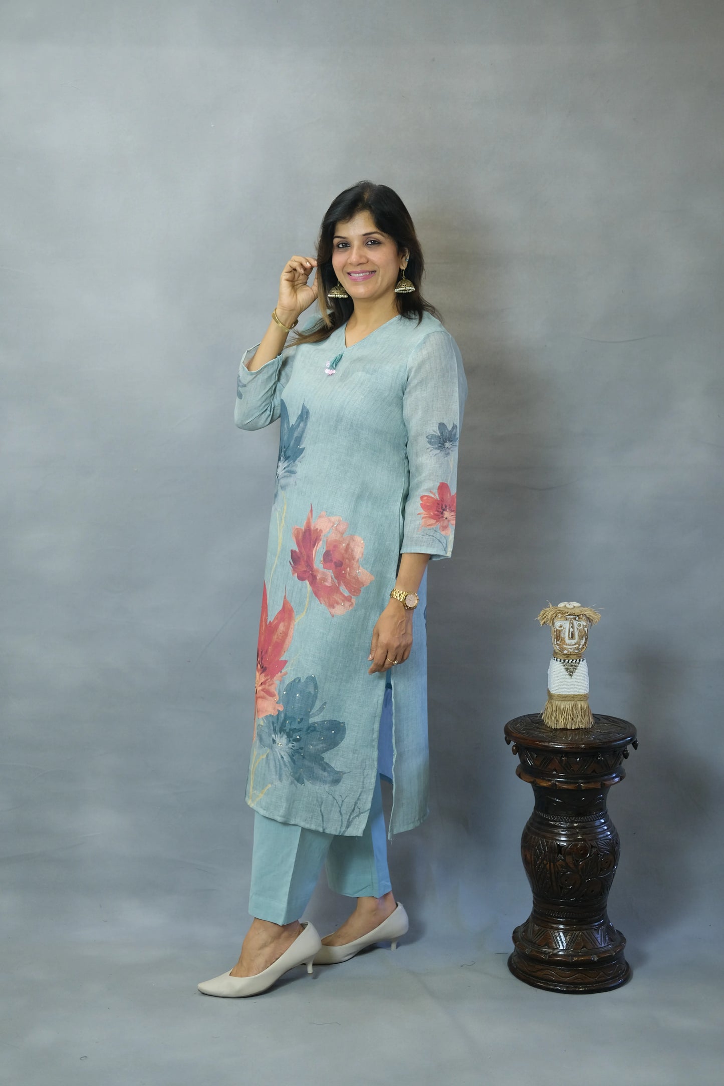 Powder Blue Floral Printed Kurta Pant Set in Linen Cotton | Breezy Everyday Elegance