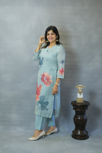 Powder Blue Floral Printed Kurta Pant Set in Linen Cotton | Breezy Everyday Elegance