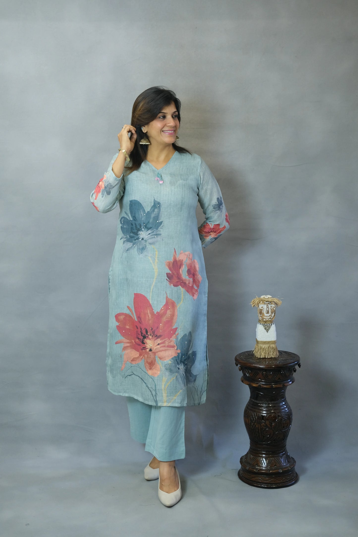Powder Blue Floral Printed Kurta Pant Set in Linen Cotton | Breezy Everyday Elegance