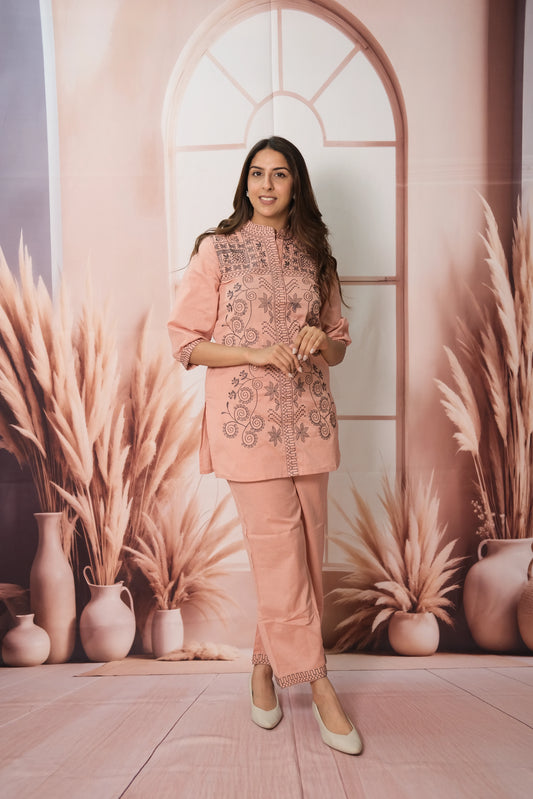 Peach Co-ord Set – Cotton Embroidered Festive Wear for Subtle Sophistication