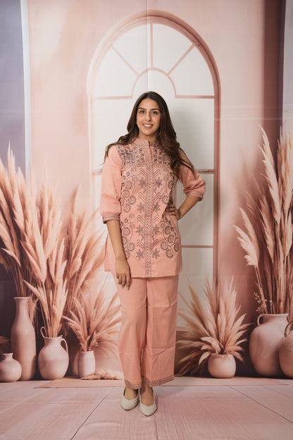 Peach Co-ord Set – Cotton Embroidered Festive Wear for Subtle Sophistication