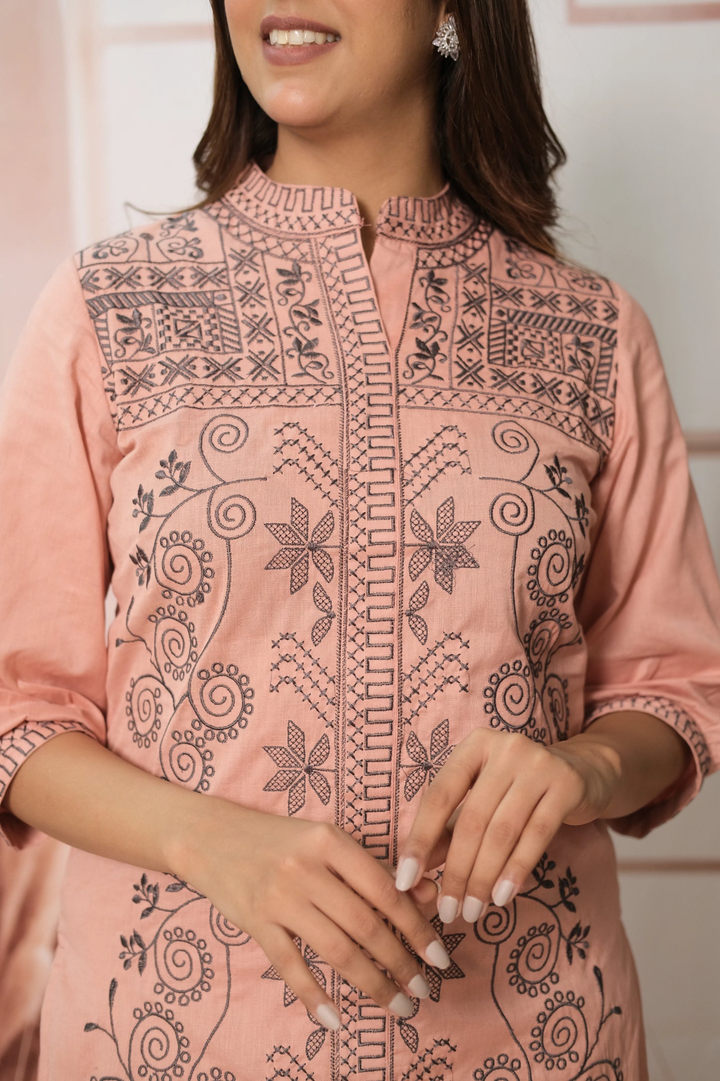Peach Co-ord Set – Cotton Embroidered Festive Wear for Subtle Sophistication