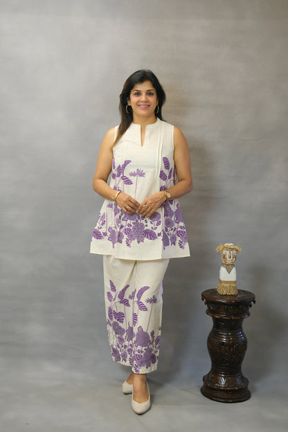 Purple Floral Printed Sleeveless Co-ord Set | Flex Cotton