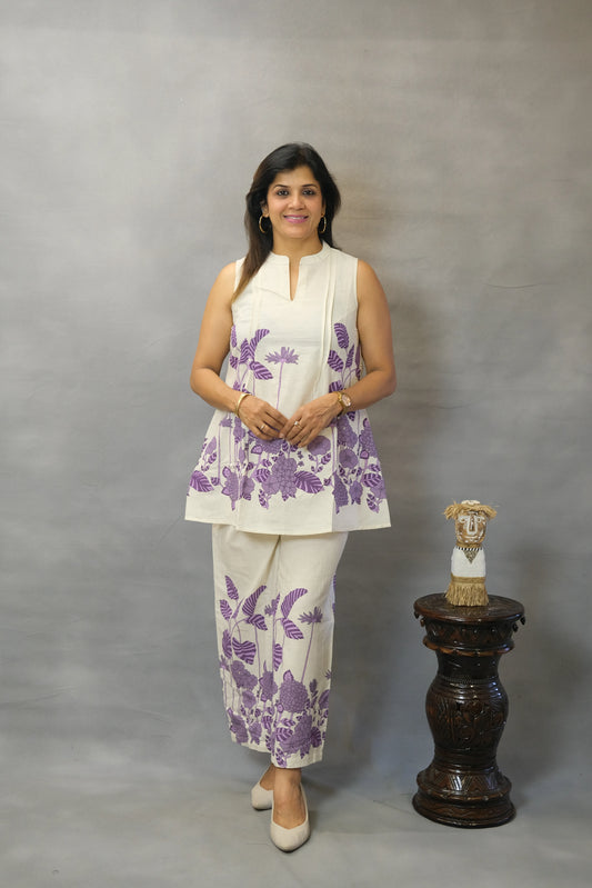 Purple Floral Printed Sleeveless Co-ord Set | Flex Cotton
