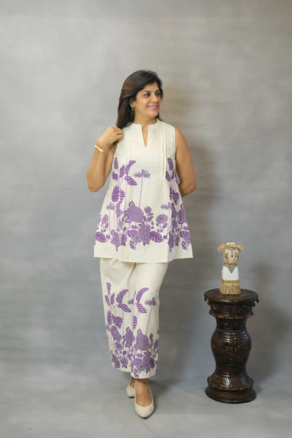 Purple Floral Printed Sleeveless Co-ord Set | Flex Cotton