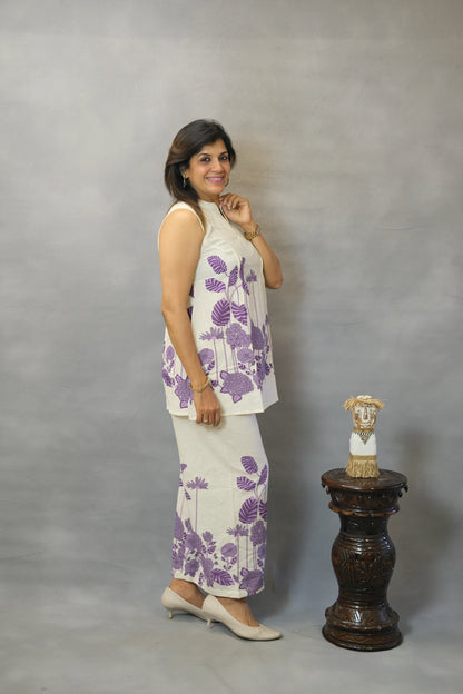 Purple Floral Printed Sleeveless Co-ord Set | Flex Cotton