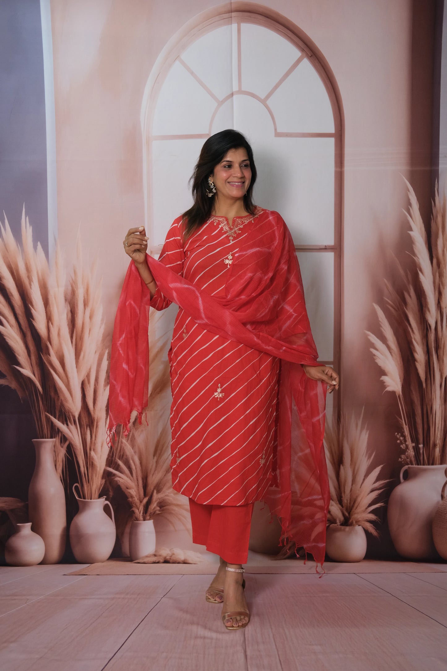 Red Kota Doria Dupatta Set – Soft Cotton Festive Wear with Leheriya Print