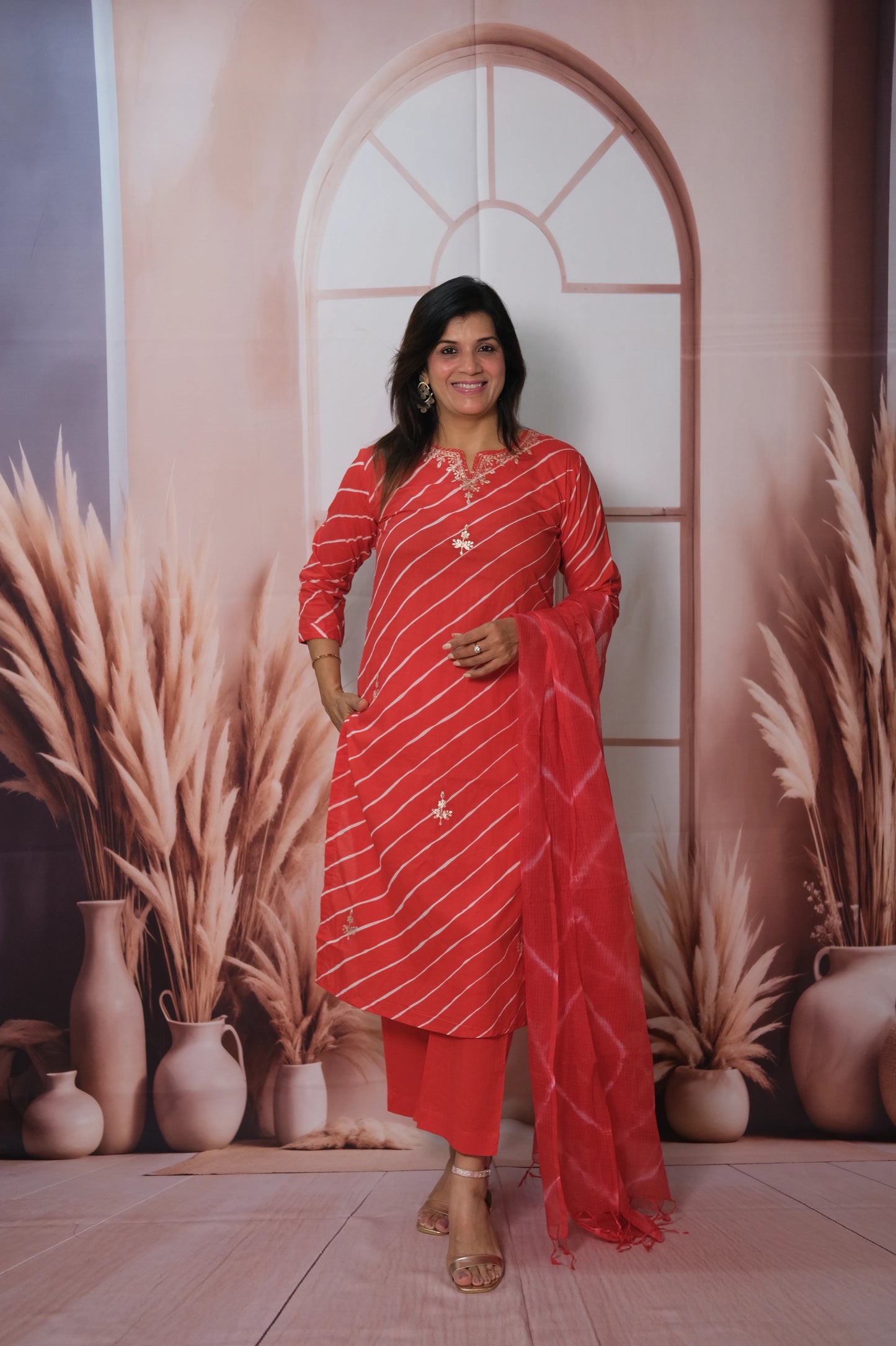 Red Kota Doria Dupatta Set – Soft Cotton Festive Wear with Leheriya Print