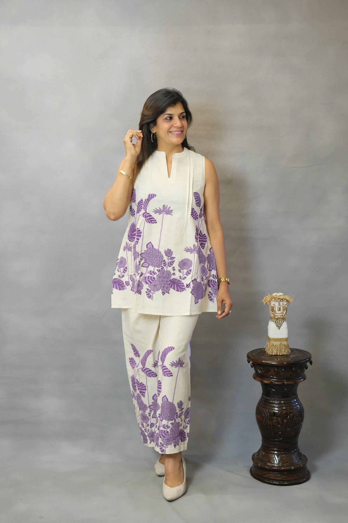 Purple Floral Printed Sleeveless Co-ord Set | Flex Cotton