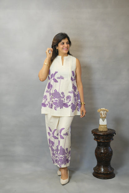 Purple Floral Printed Sleeveless Co-ord Set | Flex Cotton