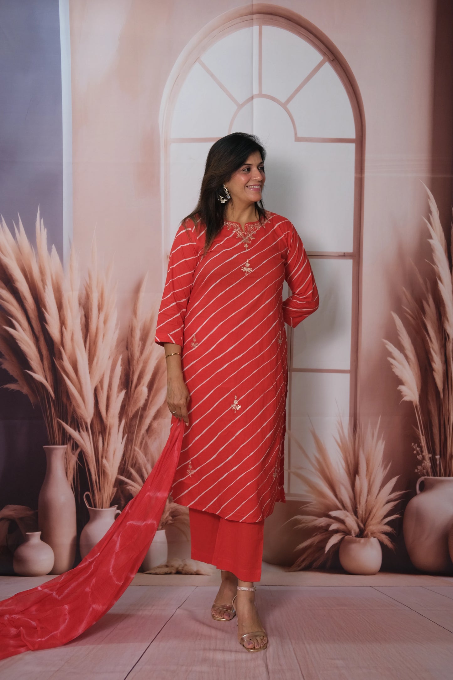 Red Kota Doria Dupatta Set – Soft Cotton Festive Wear with Leheriya Print
