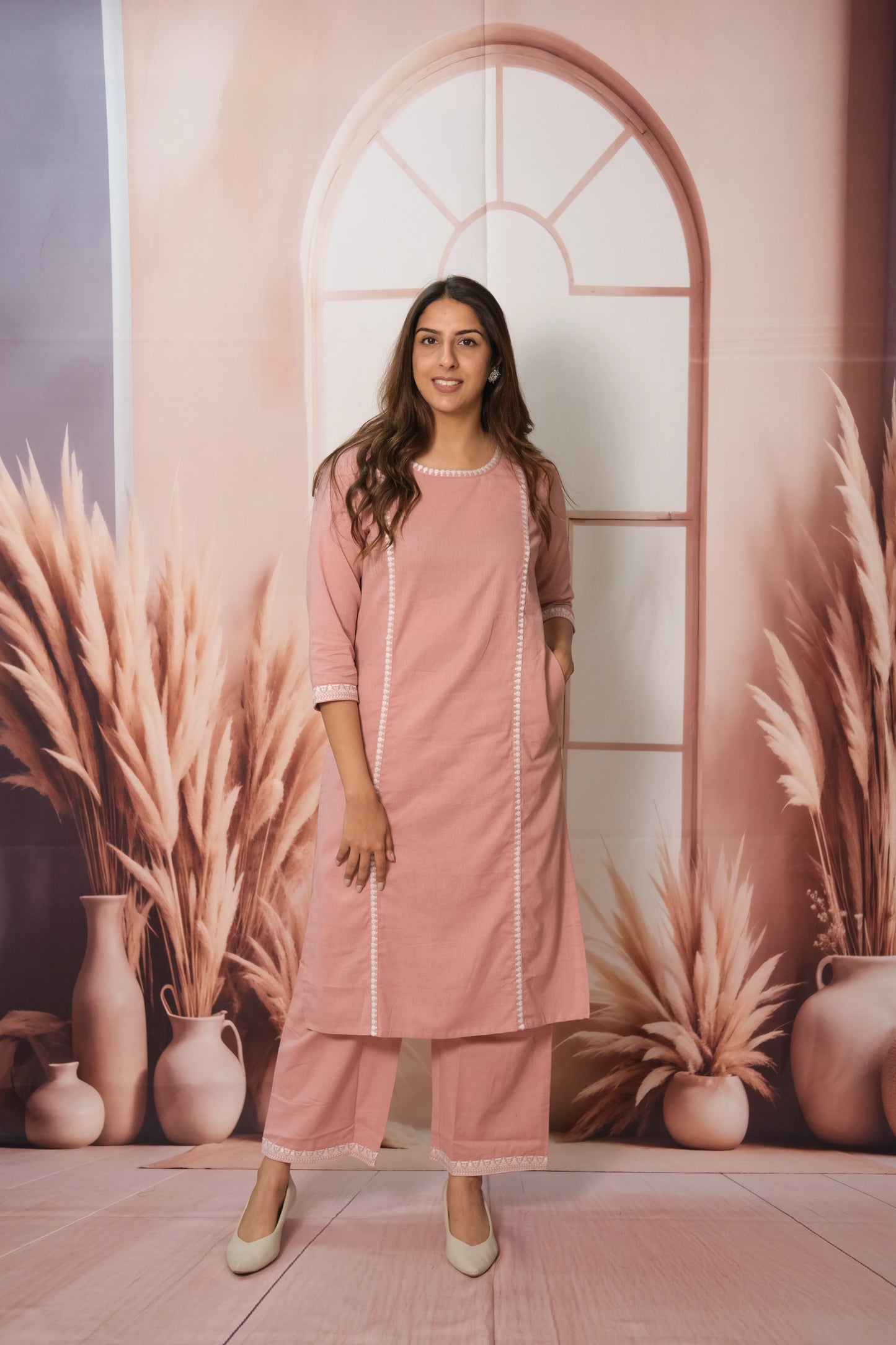 Pink Plazo Set – Embroidered Flex Cotton Festive Wear with Soft Grace