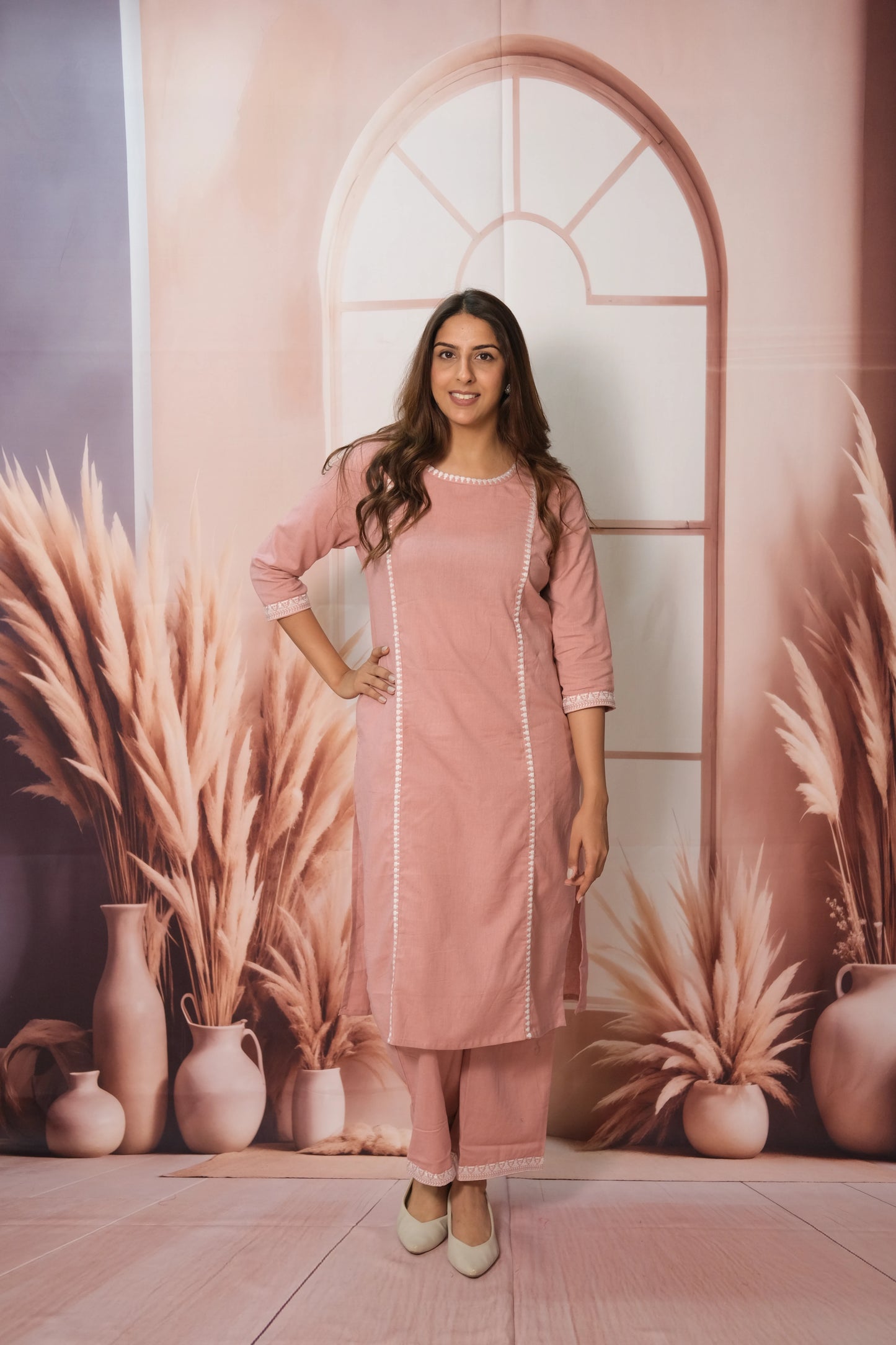 Pink Plazo Set – Embroidered Flex Cotton Festive Wear with Soft Grace