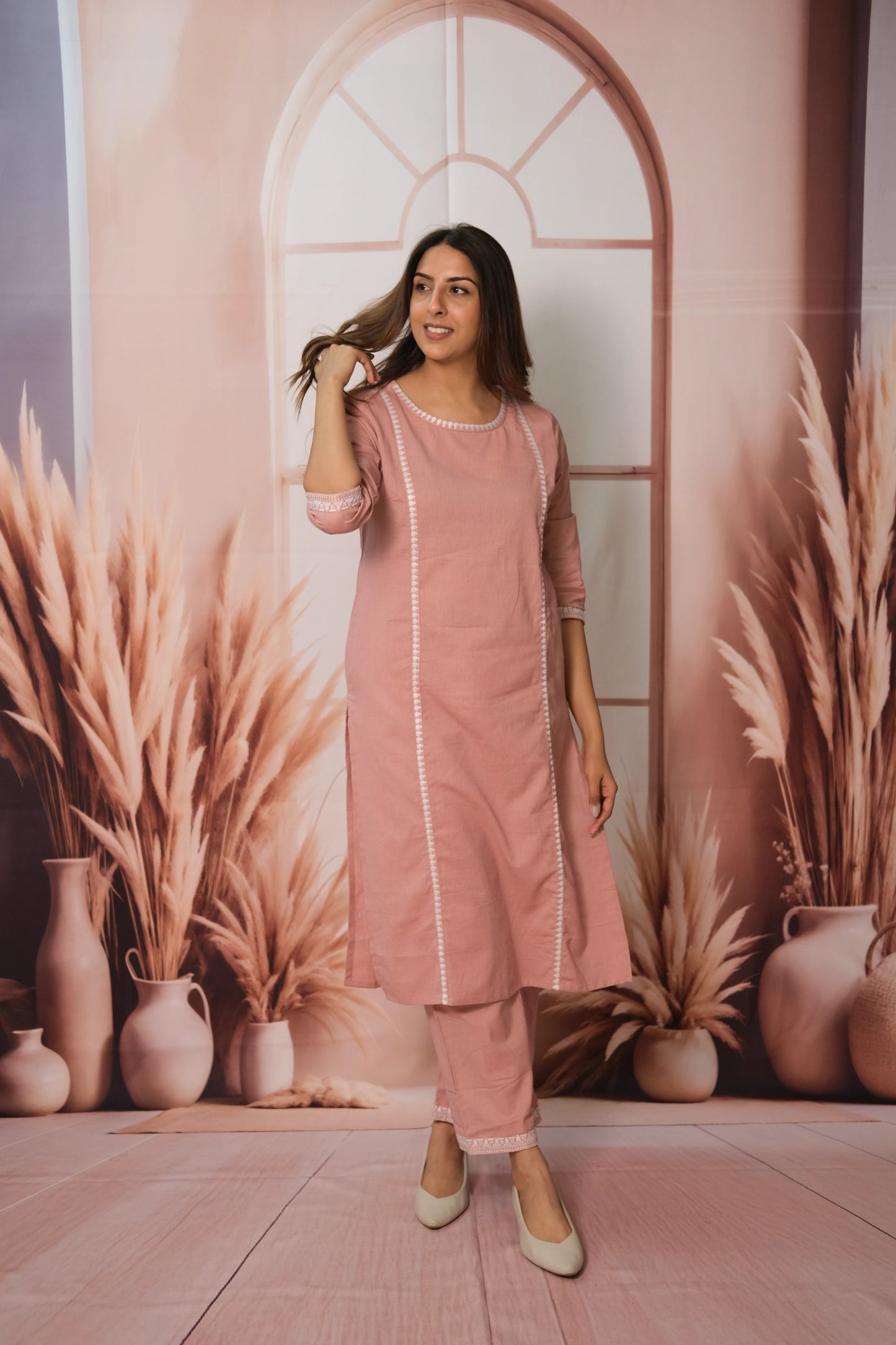 Pink Plazo Set – Embroidered Flex Cotton Festive Wear with Soft Grace