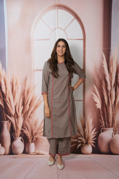 Charcoal Grey Plazo Set – Embroidered Flex Cotton Festive Wear with Soft Grace