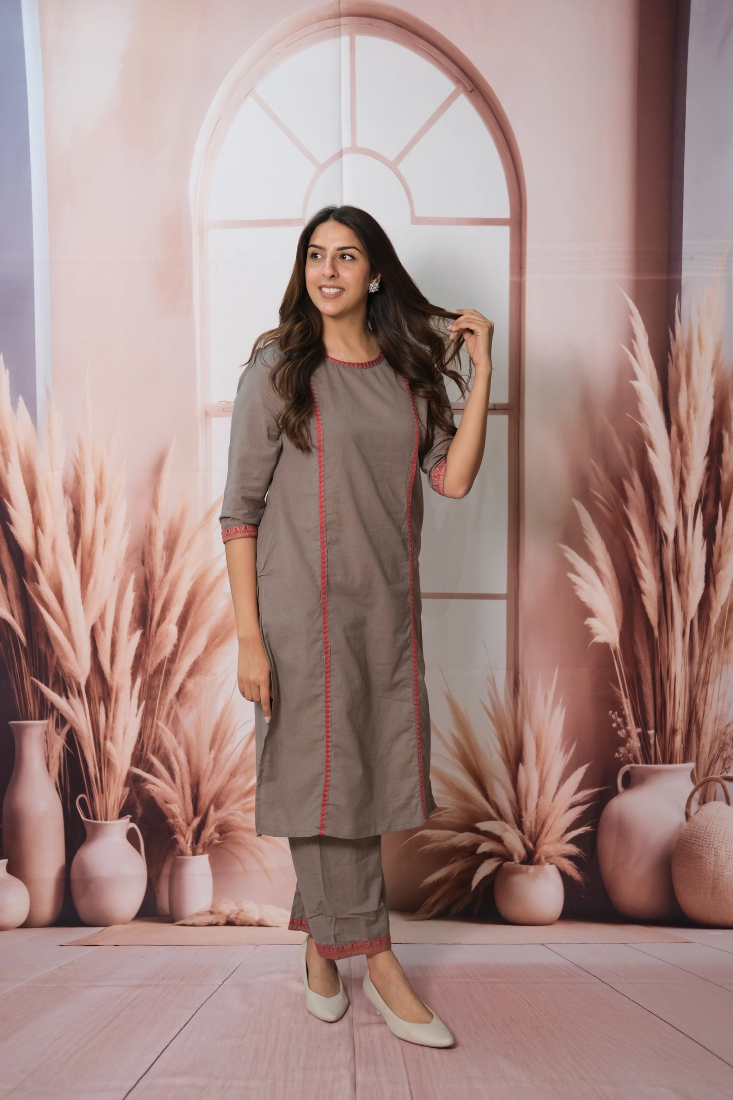 Charcoal Grey Plazo Set – Embroidered Flex Cotton Festive Wear with Soft Grace