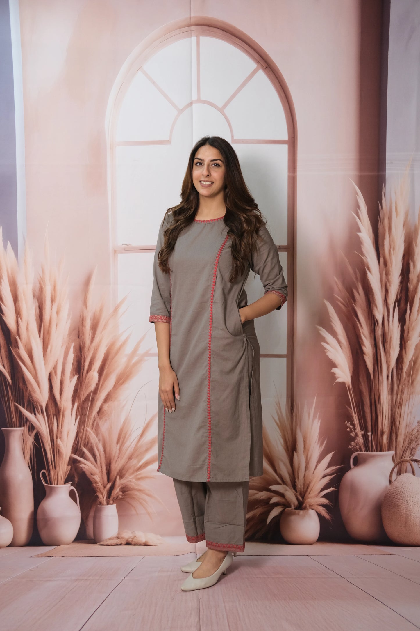 Charcoal Grey Plazo Set – Embroidered Flex Cotton Festive Wear with Soft Grace