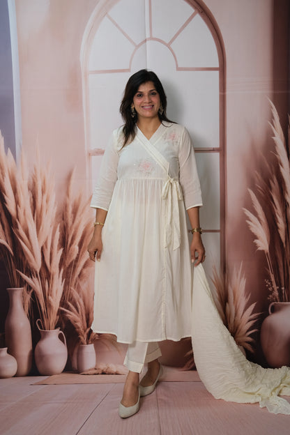 Off White Angrakha Dupatta Set – Embroidered Mul Cotton Festive Wear with Classic Charm