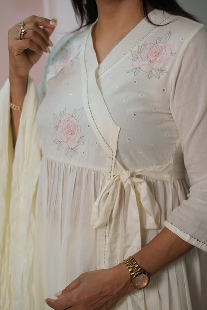 Off White Angrakha Dupatta Set – Embroidered Mul Cotton Festive Wear with Classic Charm